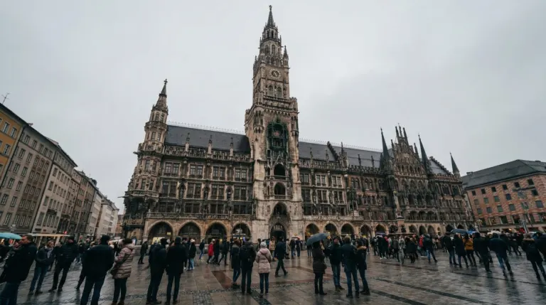 A large gothic revival town hall with a tall tower above a busy square, Marienplatz, Munich, Germany