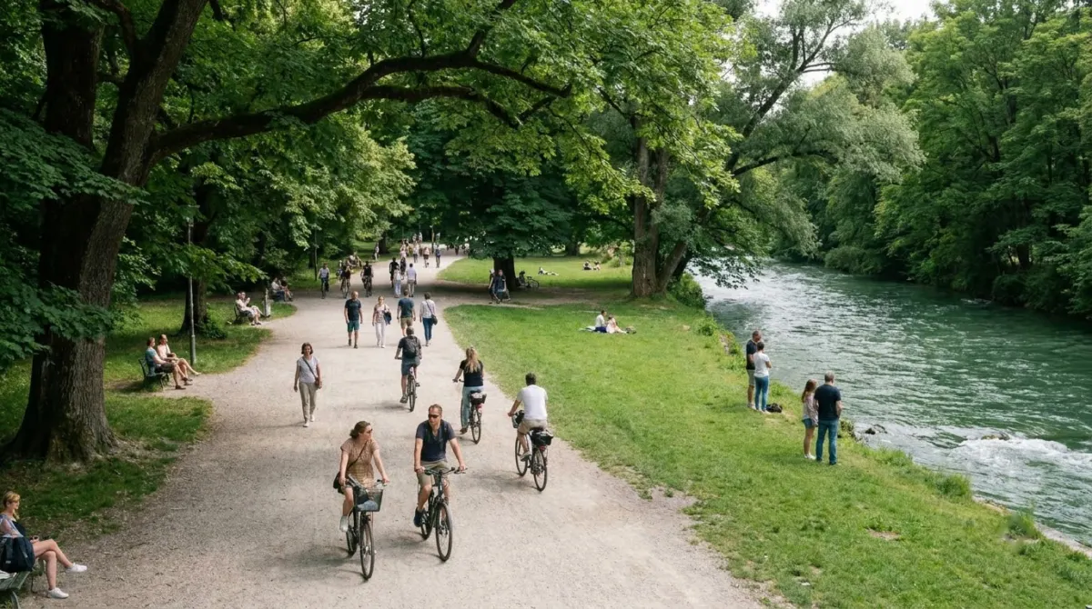 A wide park with mature trees and people walking beside a fast green river, Englischer Garten, Munich