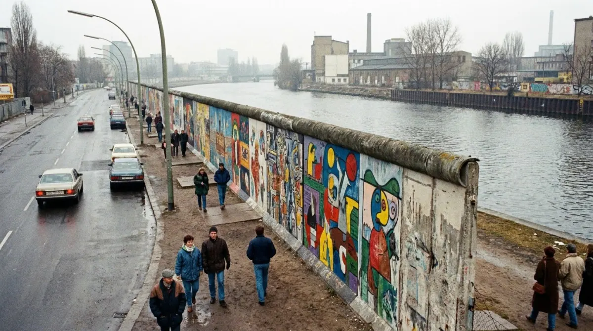 A long painted concrete wall covered in colourful murals beside a road, East Side Gallery, Berlin