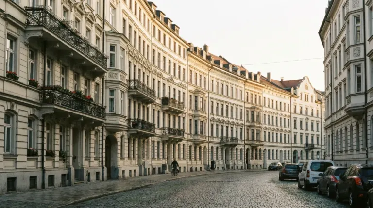 A street of ornate nineteenth century apartment and hotel buildings with balconies, Munich, Germany