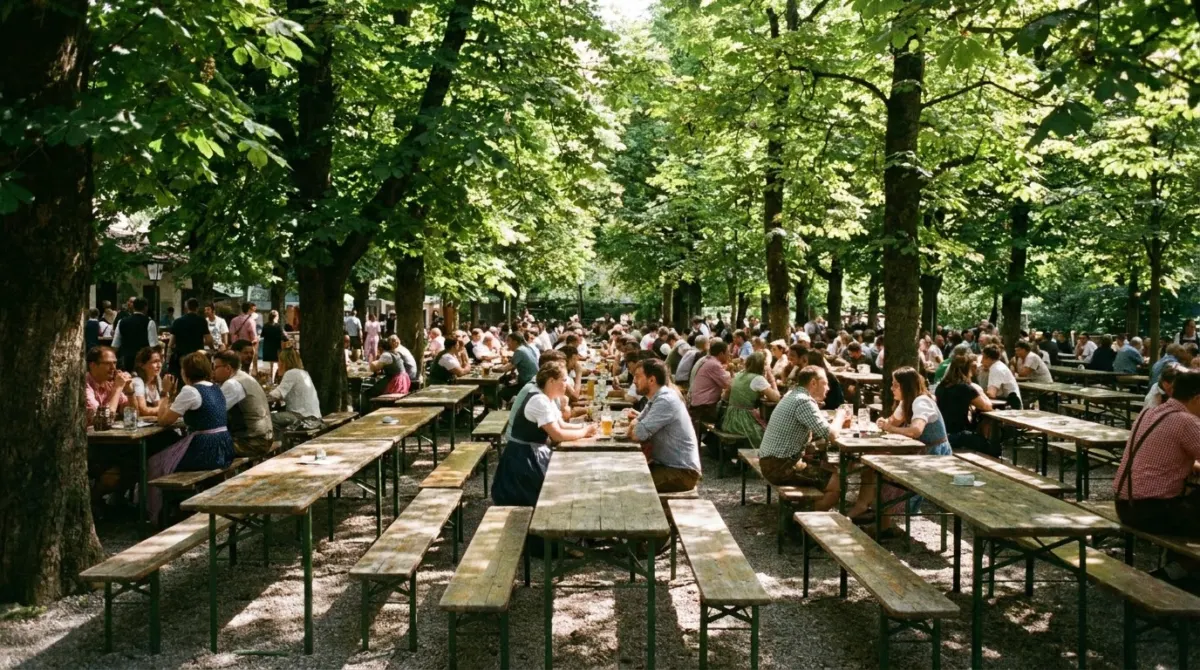 Long wooden tables and benches under chestnut trees in a Munich beer garden, Germany