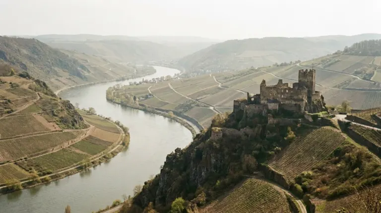 A wide river curving between steep vineyard slopes with a castle on a hilltop, Rhine Valley, Germany