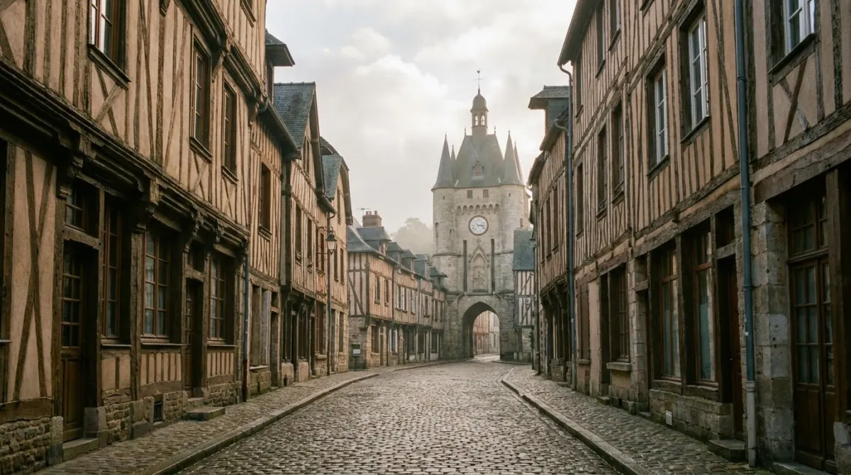 A narrow cobbled street of half-timbered houses leading to a medieval gate tower, Rothenburg ob der Tauber, Germany