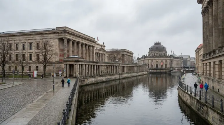 Grand neoclassical museum buildings with columns beside a river in the centre of Berlin, Germany