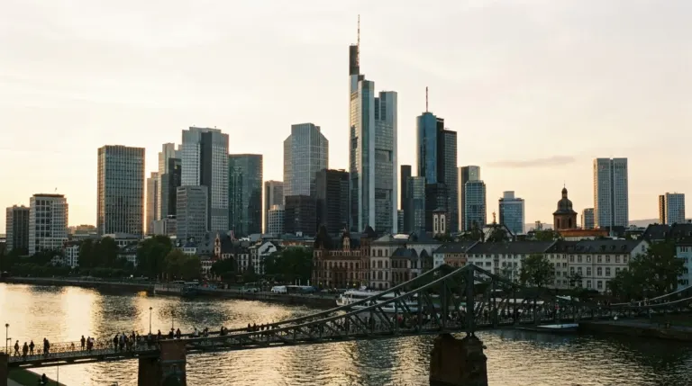 A city skyline of glass office towers rising behind a river with low older buildings in front, Frankfurt, Germany