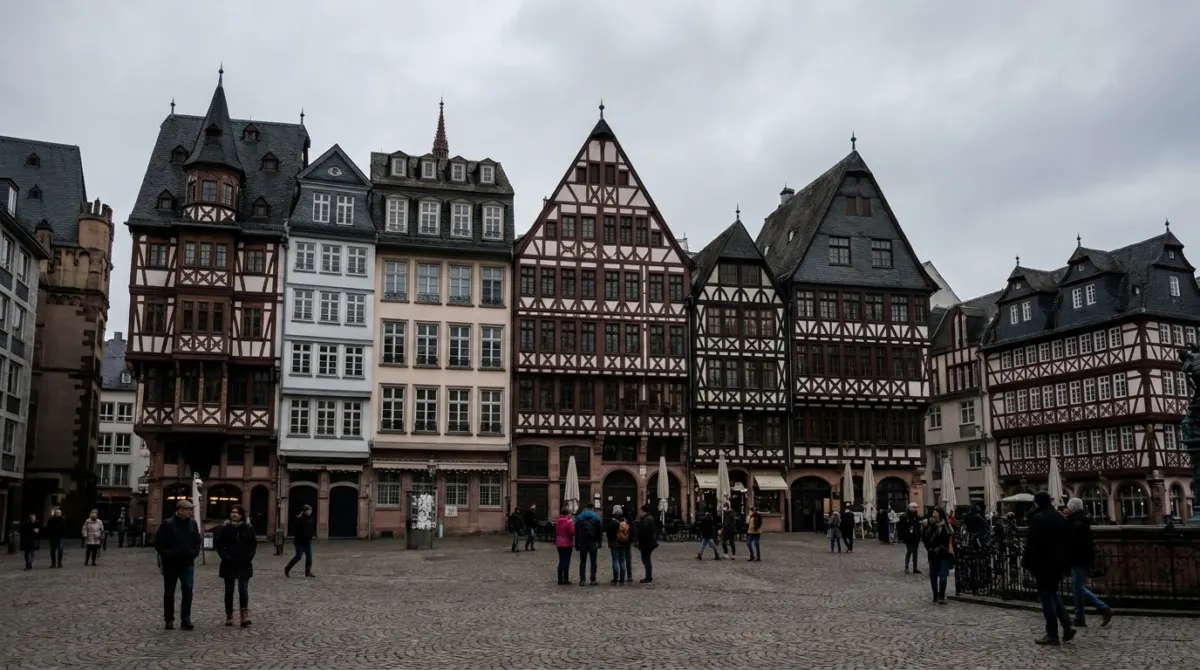 A square of reconstructed half-timbered houses with stepped gables, Romerberg, Frankfurt, Germany