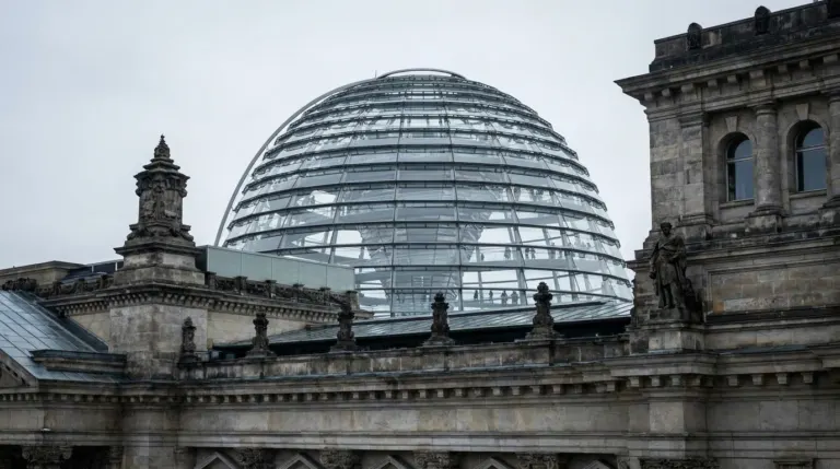 A large glass dome with a spiral walkway on top of a stone parliament building, Reichstag, Berlin, Germany