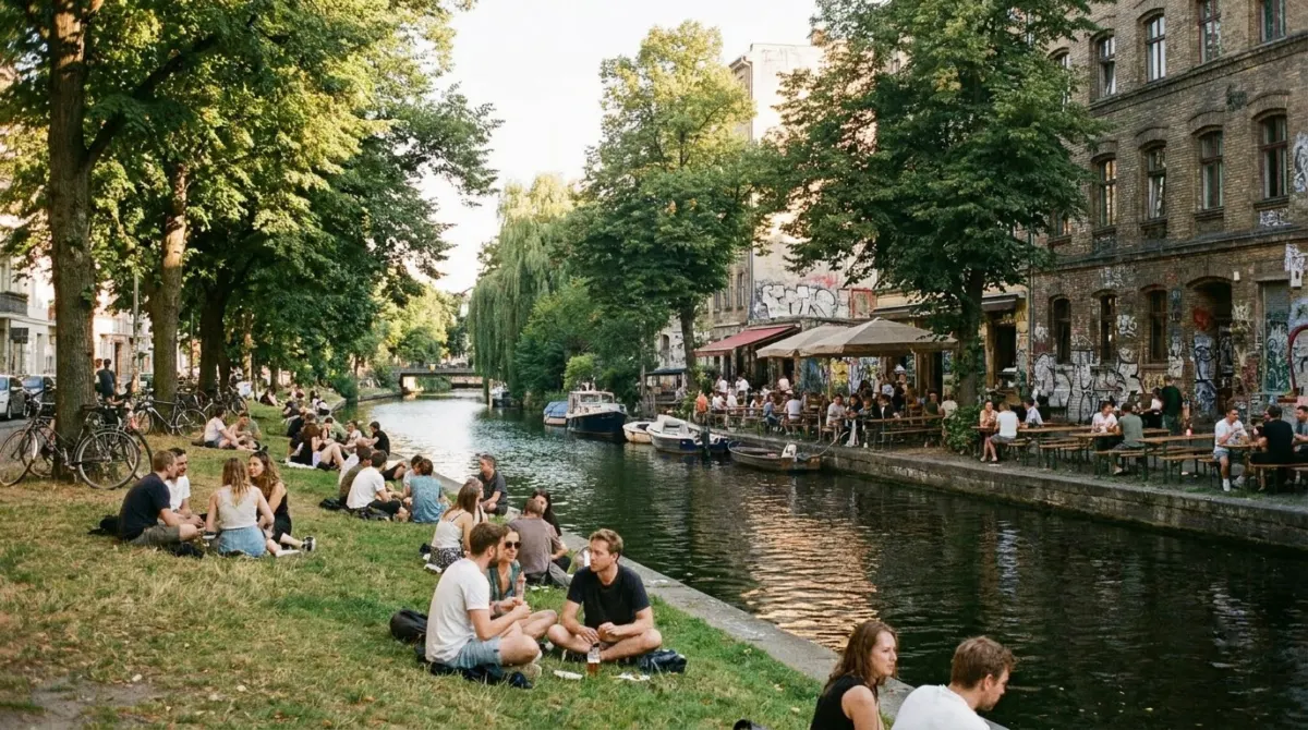 A tree-lined canal with cafes and people sitting on the bank in a city district, Kreuzberg, Berlin