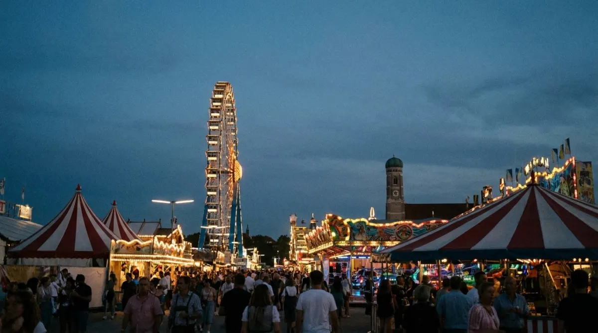 A large festival ground with fairground rides and tent roofs under an evening sky, Theresienwiese, Munich