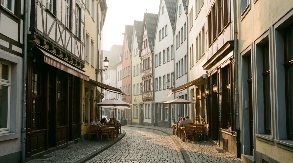 A narrow old town street of tall painted gabled houses with traditional brewery taverns, Cologne, Germany