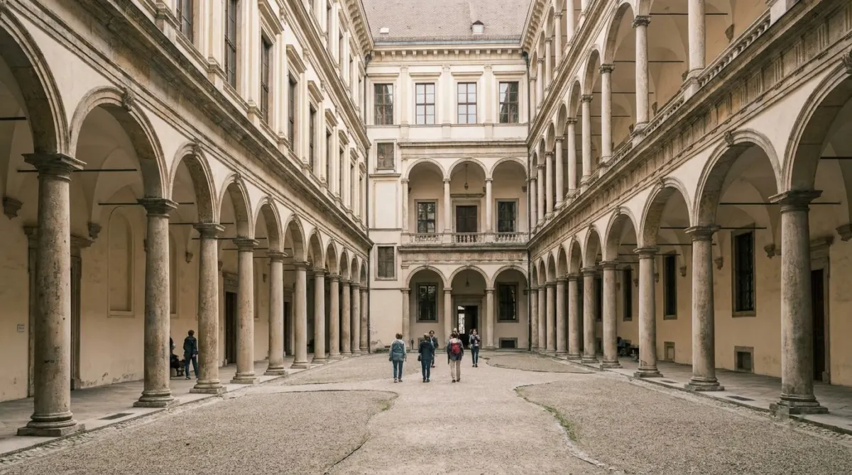 An arcaded renaissance palace courtyard with stone columns and gravel ground, Residenz, Munich, Germany