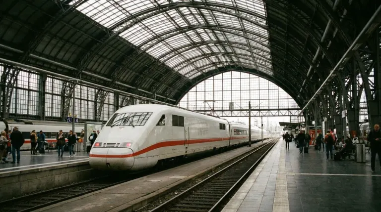 A high speed train at a platform under a large glass station roof, Germany