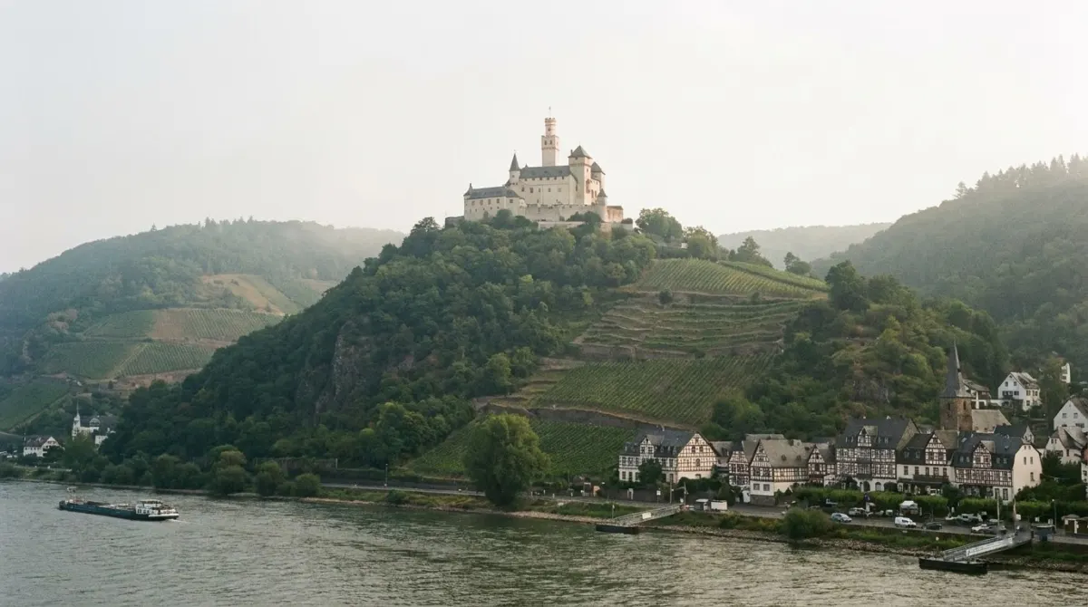 A stone castle on a wooded hill above a wide river with vineyards on the slopes, Rhine valley, Germany