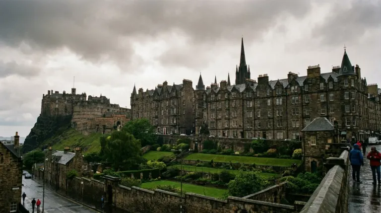 A ridge of tall dark stone tenement buildings rising above gardens with a castle at one end, Edinburgh Old Town, Scotland