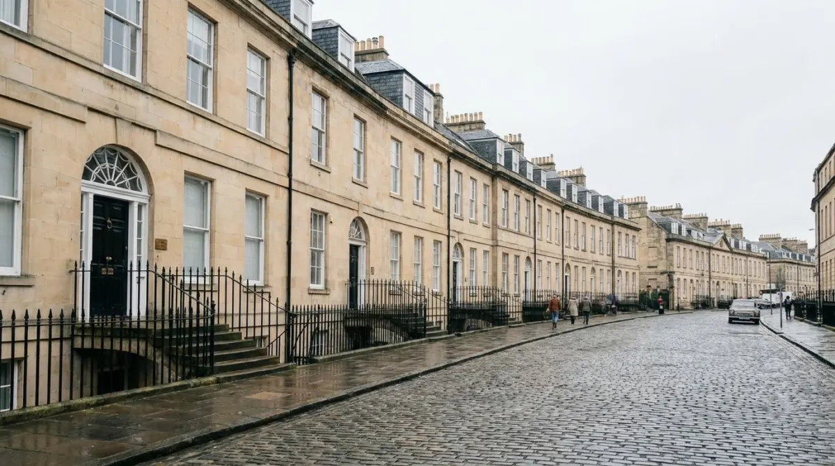 A wide Georgian street of pale stone terraced houses with iron railings, New Town, Edinburgh