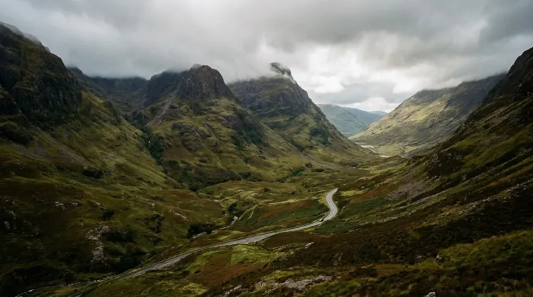 A deep mountain valley with steep bare slopes and a road running through it under heavy cloud, Glencoe, Scotland