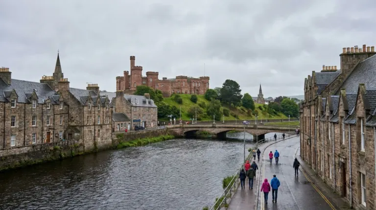 A river running through a small Scottish city with stone buildings and a castle on a rise above the bank, Inverness