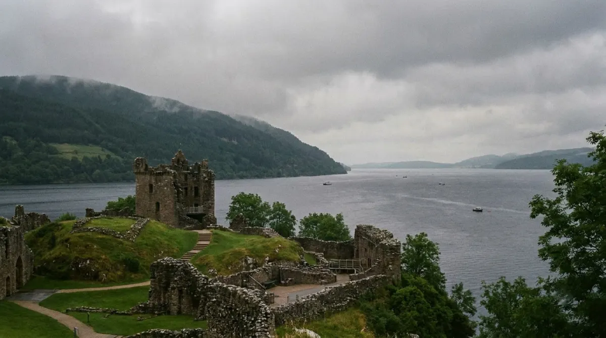 Ruined castle walls on a headland above a long dark loch surrounded by wooded hills, Urquhart Castle, Loch Ness