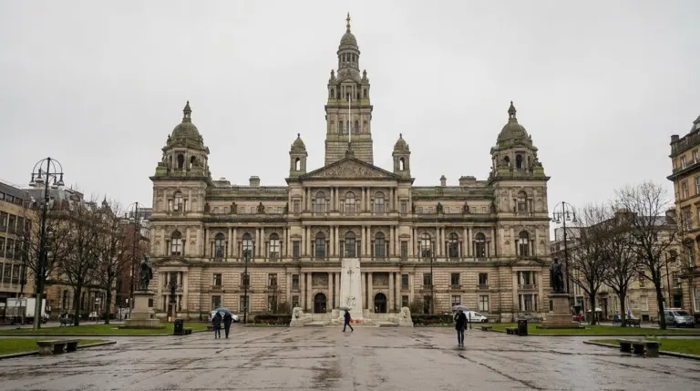 An ornate Victorian civic building in pale stone facing a city square with statues, George Square, Glasgow