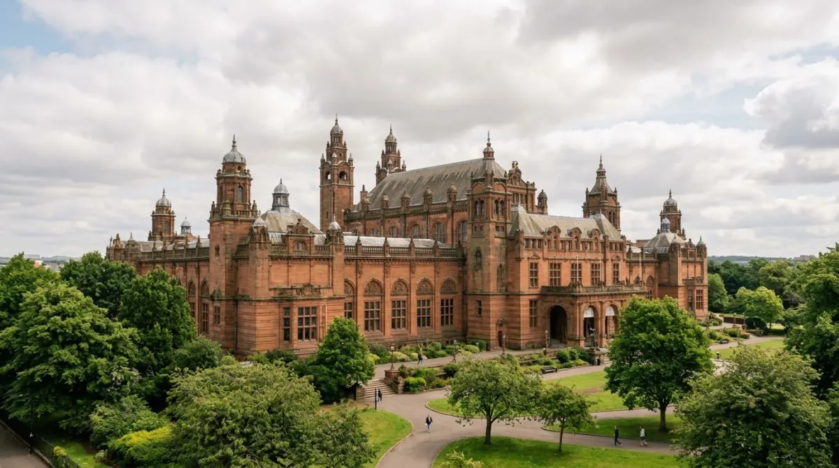 A grand red sandstone museum building with towers beside a park, Kelvingrove, Glasgow, Scotland