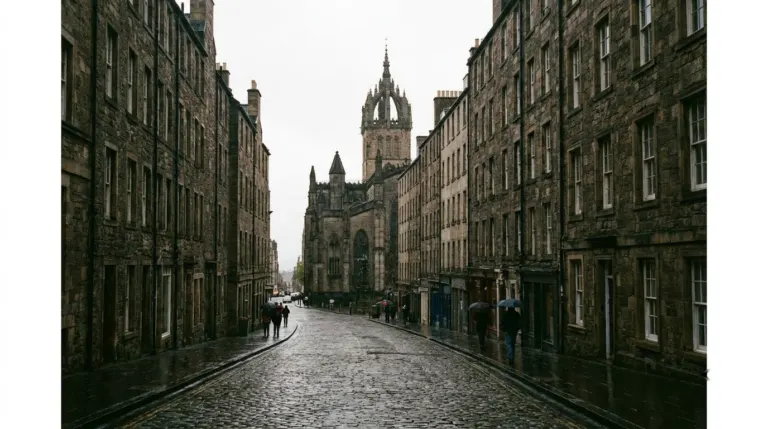 A sloping cobbled street of tall dark stone buildings with a cathedral crown spire, Royal Mile, Edinburgh