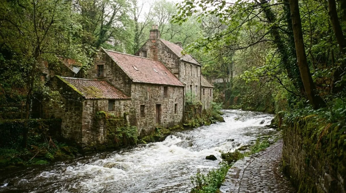 Old stone mill buildings beside a small river in a steep wooded gorge below a city, Dean Village, Edinburgh