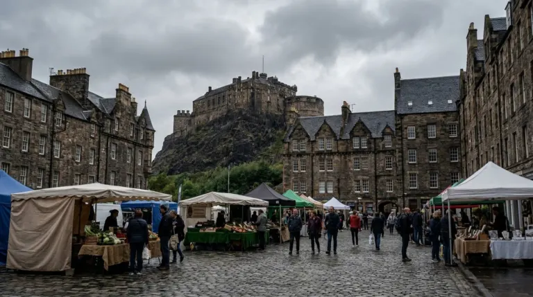An open market square surrounded by tall stone buildings with a castle on the rock above, Grassmarket, Edinburgh