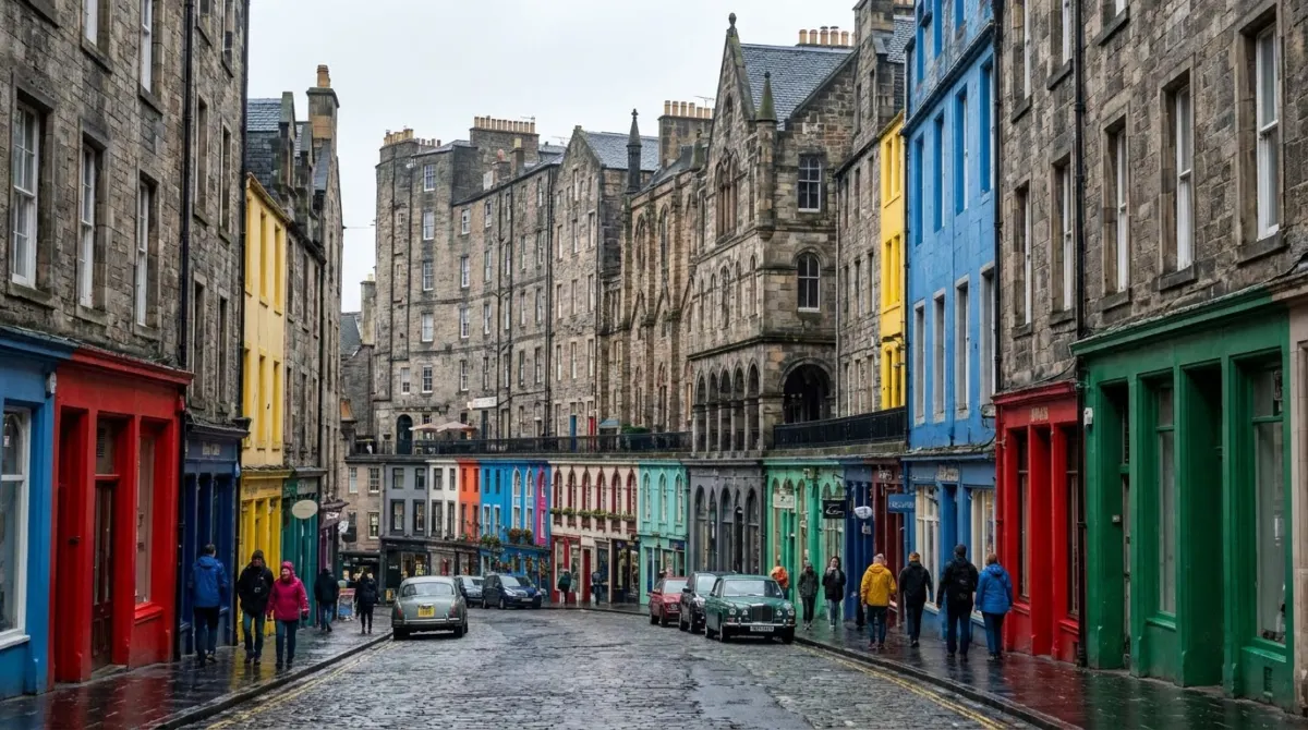 A curving street of brightly painted shopfronts below tall stone buildings, Victoria Street, Edinburgh