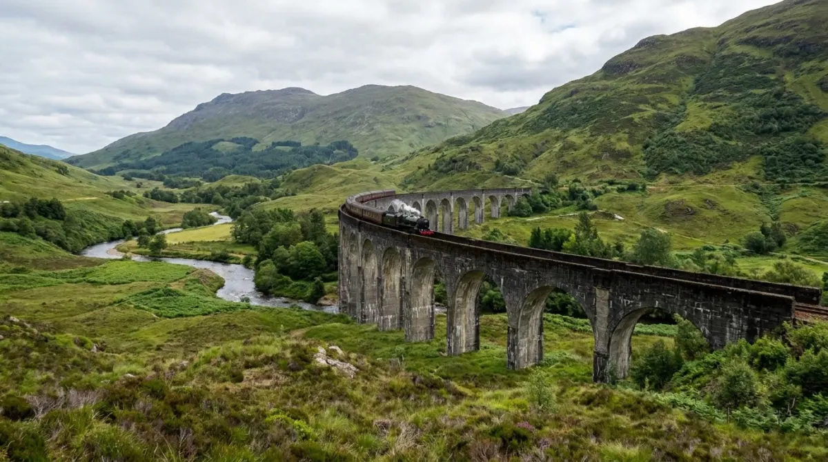 A railway line curving across a viaduct in a green Highland landscape, West Highland Line, Scotland