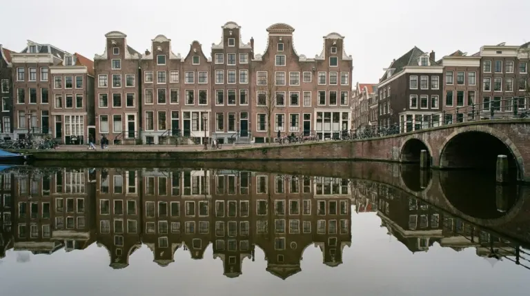 A row of tall narrow gabled canal houses reflected in still water with a bridge, Amsterdam, Netherlands