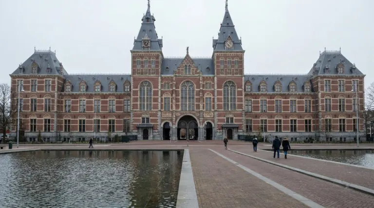 A grand brick museum building with towers and a central archway seen across a square, Rijksmuseum, Amsterdam