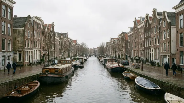A quiet canal lined with narrow houses and moored boats under a cloudy sky, Amsterdam, Netherlands
