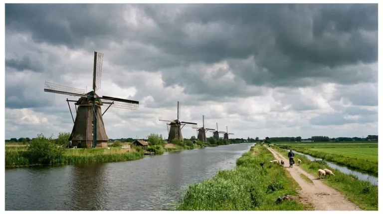 Windmills standing above flat green fields and a straight canal under a wide cloudy sky, Netherlands