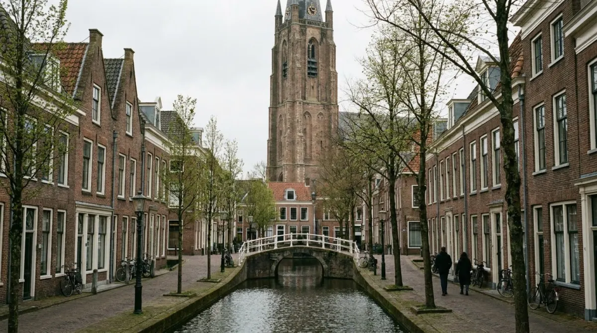 A narrow canal with brick houses, a small bridge and a church tower behind, Delft, Netherlands