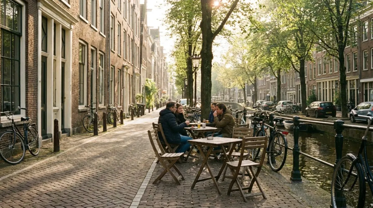 A small cafe with outdoor tables on a quiet brick street beside a canal, Jordaan, Amsterdam