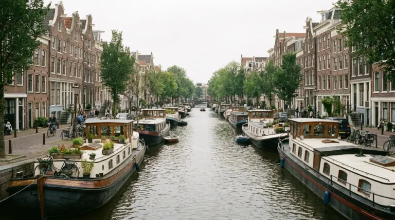A wide canal with houseboats and tall gabled houses along both banks, Amsterdam, Netherlands