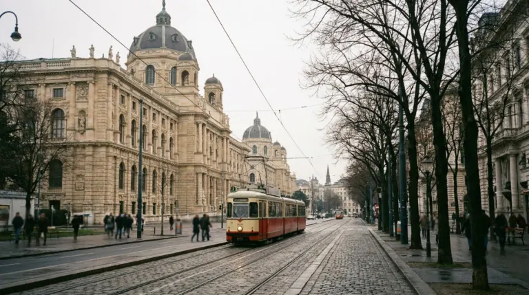 A grand nineteenth century boulevard with monumental public buildings and a tram passing, Ringstrasse, Vienna, Austria
