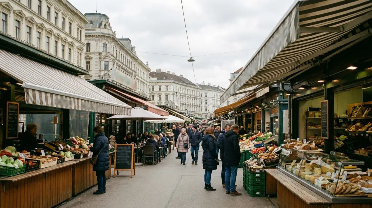 A long covered market street with food stalls and small restaurants, Naschmarkt, Vienna, Austria