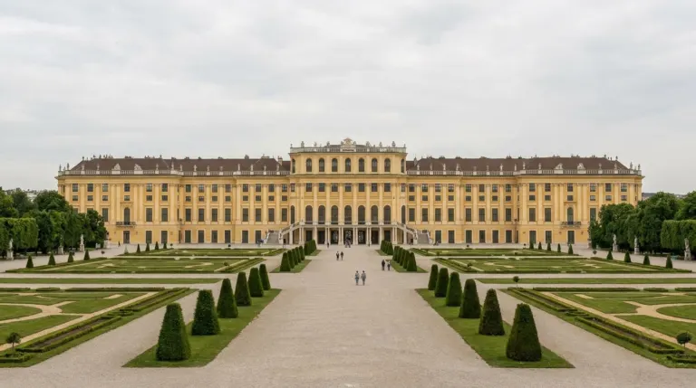 A long yellow baroque palace facade behind formal gardens and gravel paths, Schonbrunn, Vienna, Austria
