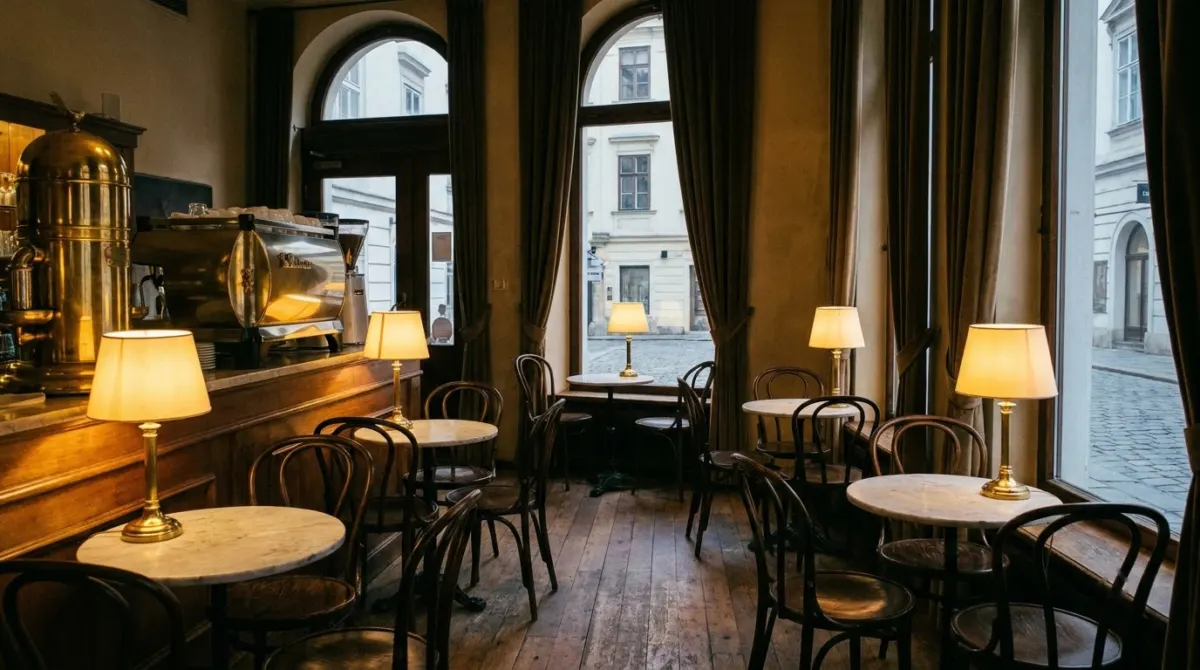The interior of a traditional coffee house with marble tables, bentwood chairs and tall windows, Vienna, Austria