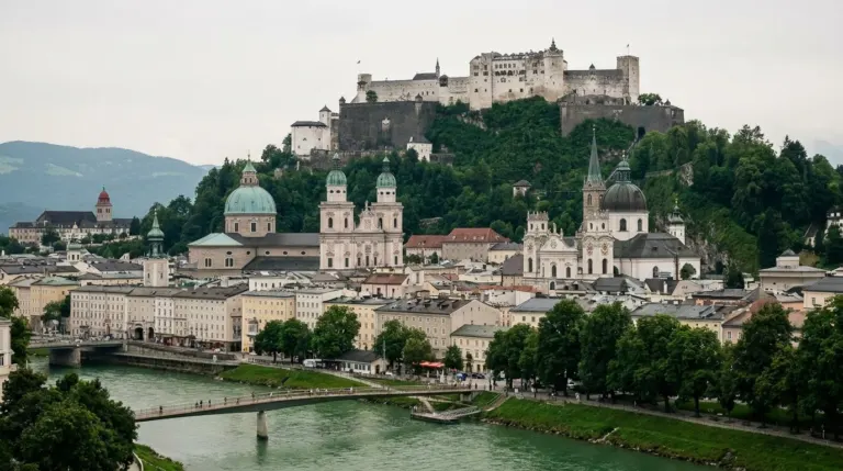 A medieval fortress on a wooded rock above a baroque old town and a green river, Salzburg, Austria