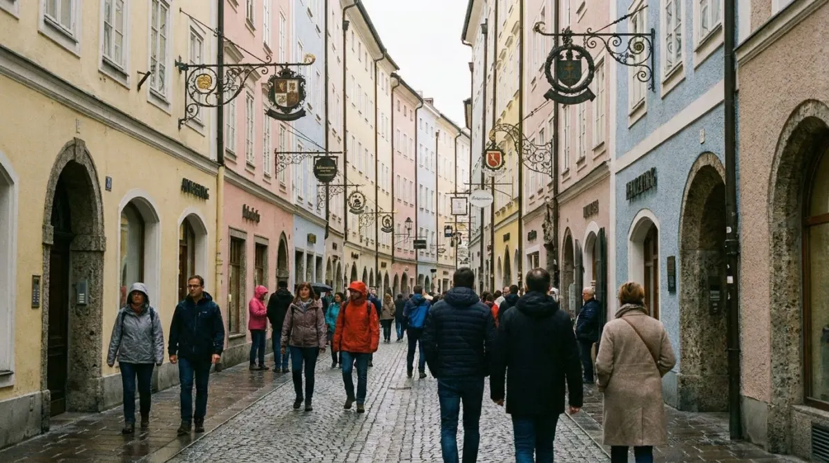 A narrow old town street with ornate wrought iron shop signs hanging above it, Getreidegasse, Salzburg