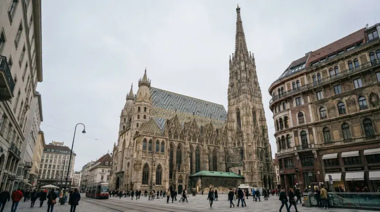 A gothic cathedral with a tall spire and a patterned tiled roof rising above a city square, St Stephen's, Vienna