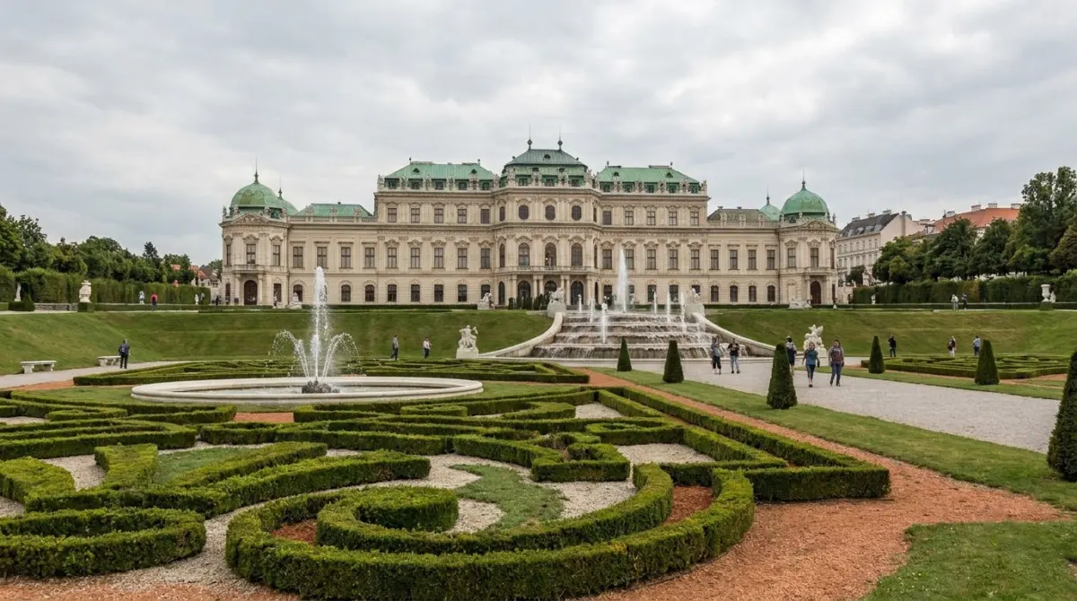 A baroque palace behind formal gardens with fountains and clipped hedges, Belvedere, Vienna, Austria