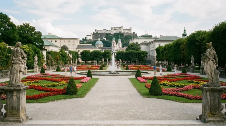 Formal gardens with flower beds and statues in front of a baroque palace, Mirabell, Salzburg, Austria