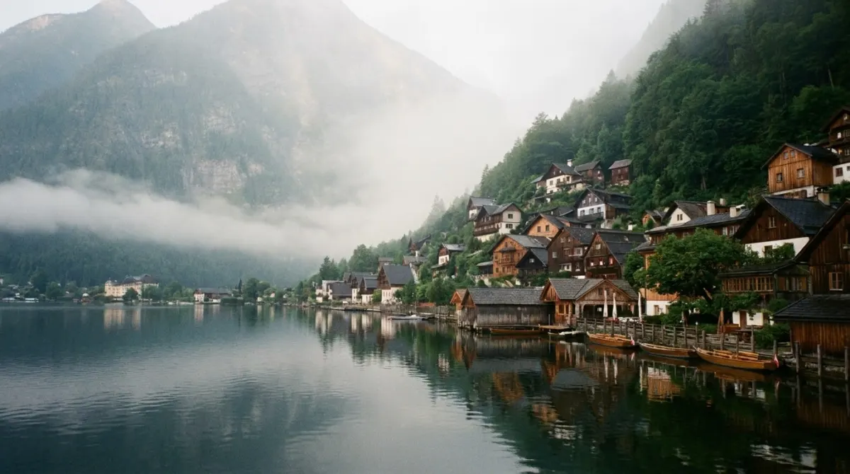 A village of tall houses wedged between a steep mountain and a still lake, Hallstatt, Austria