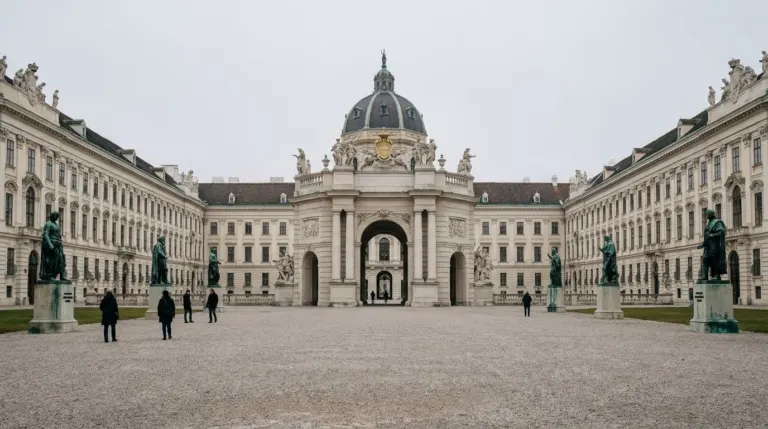 A grand imperial palace wing with a domed gateway and statues, Hofburg, Vienna, Austria