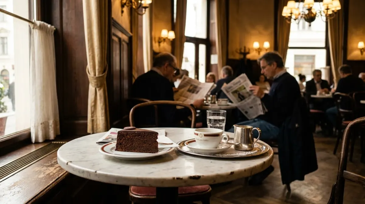 A marble cafe table with a slice of chocolate cake, a coffee and a glass of water, Vienna, Austria