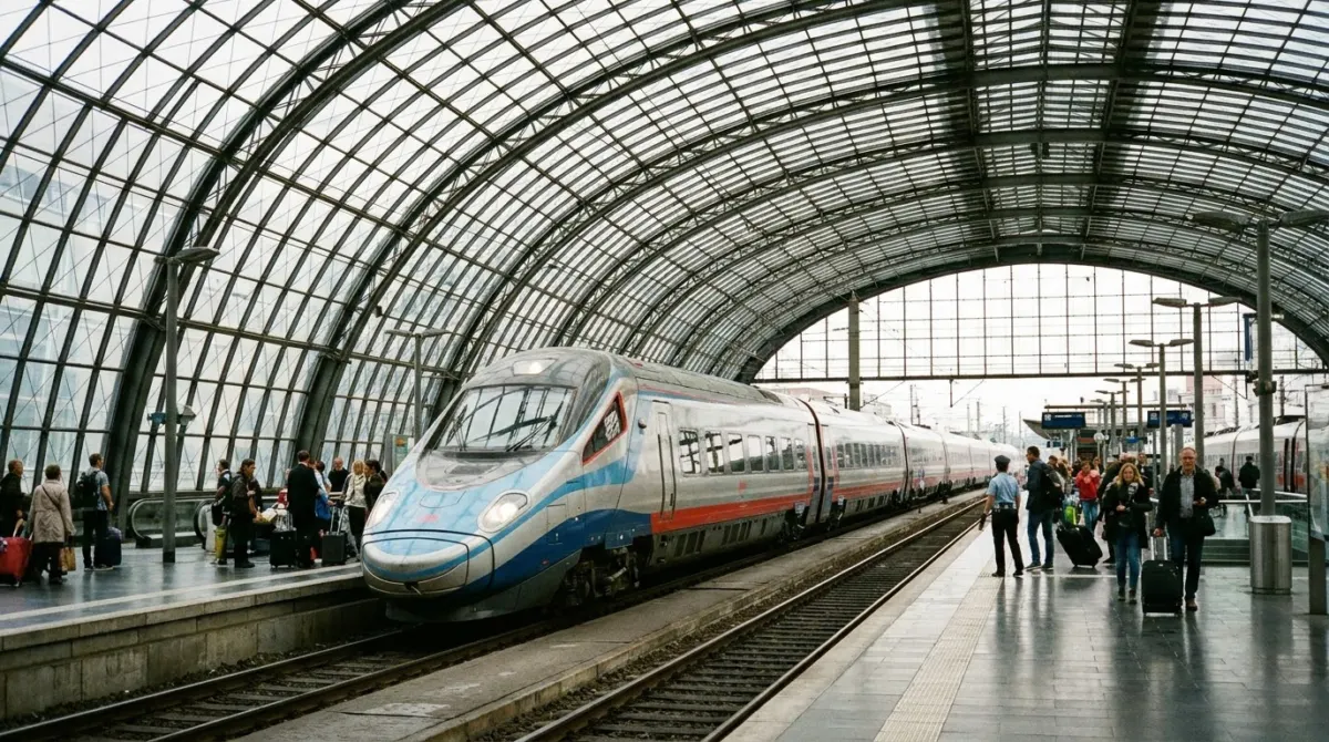 An intercity train at a large European station platform under a glass roof