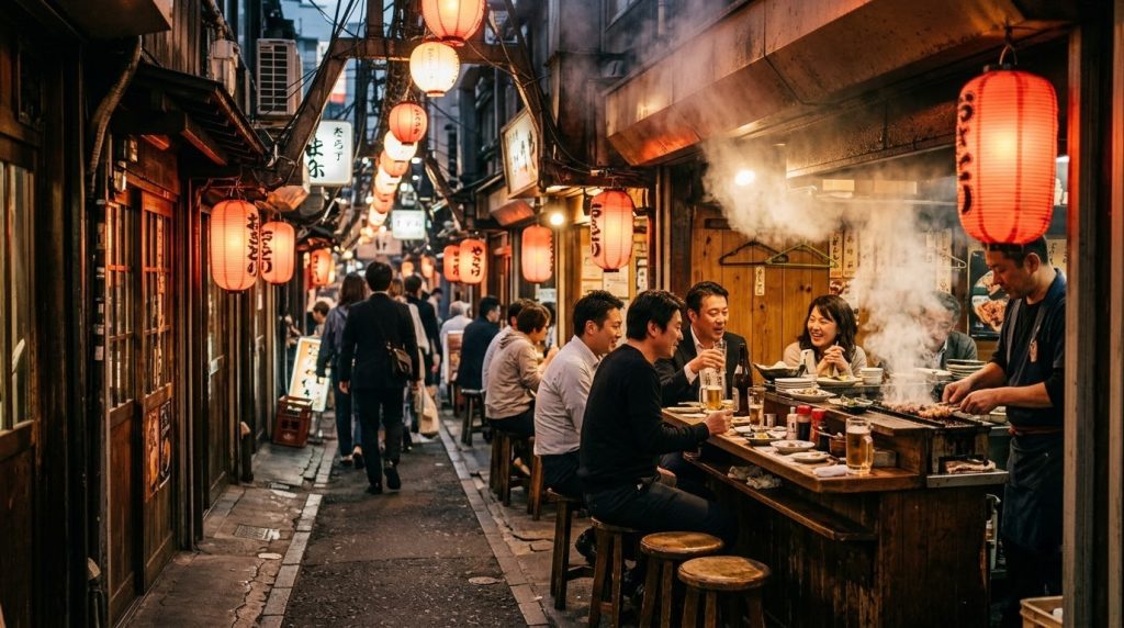Lantern-lit izakaya alley in Tokyo in the evening
